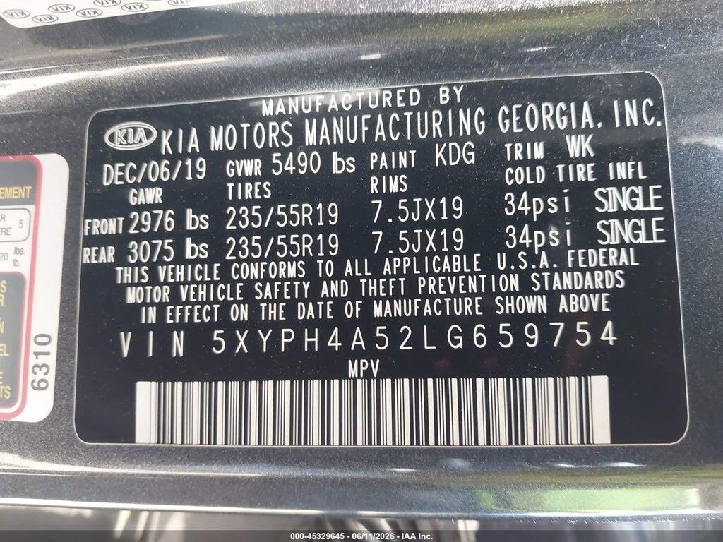 5XYPH4A52LG659754 2020 KIA SORENTO photo no. 9