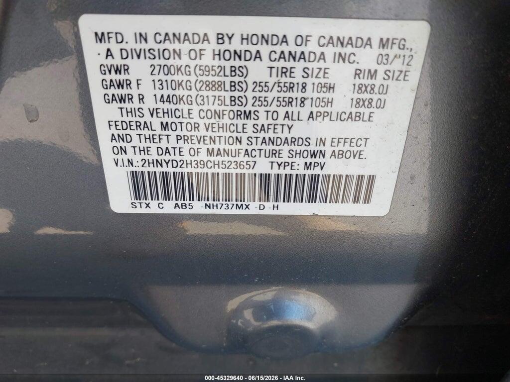 2HNYD2H39CH523657 2012 ACURA MDX photo no. 9