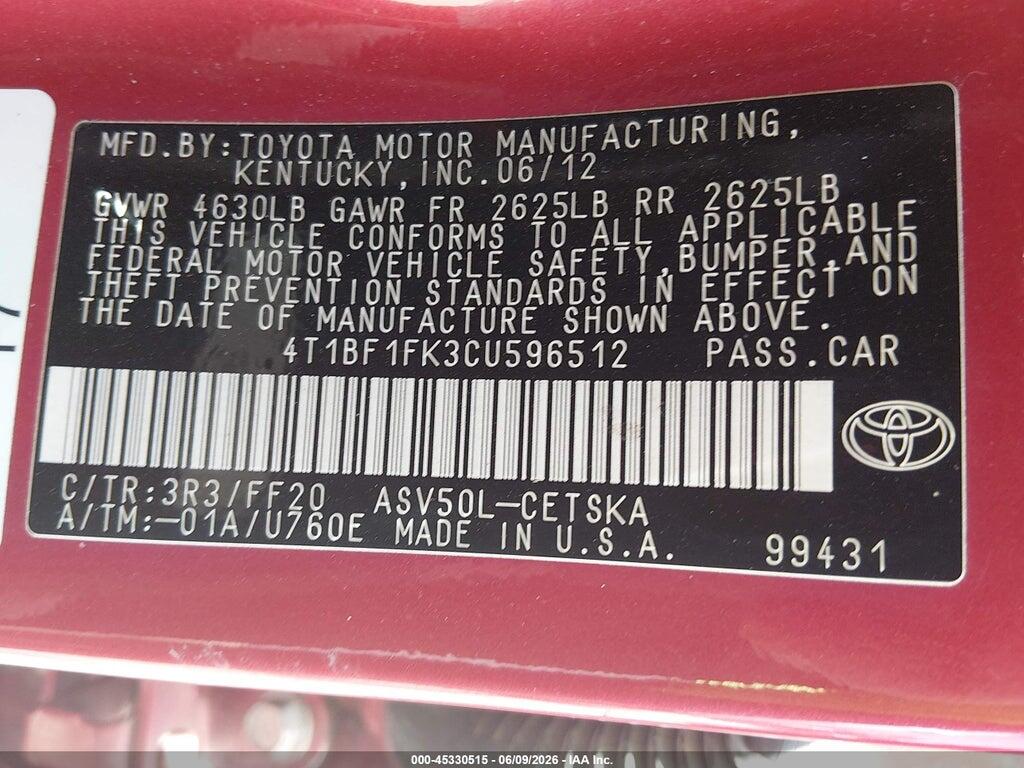 4T1BF1FK3CU596512 2012 TOYOTA CAMRY photo no. 9
