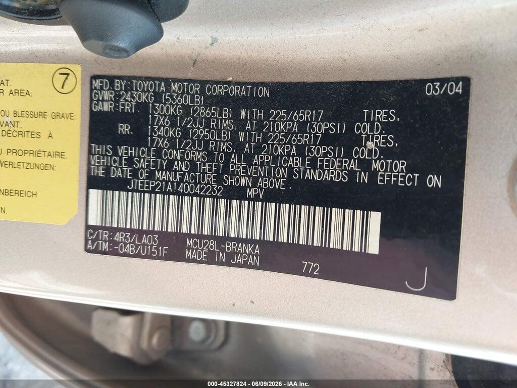 JTEEP21A140042232 2004 TOYOTA HIGHLANDER photo no. 9