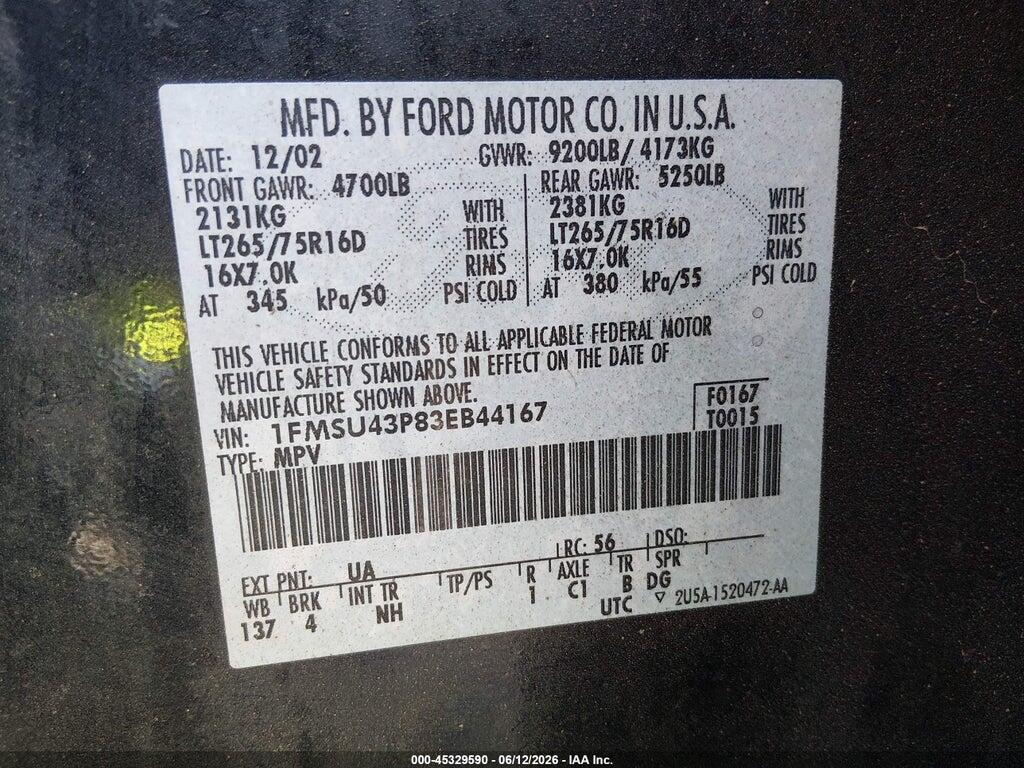 1FMSU43P83EB44167 2003 FORD EXCURSION photo no. 9