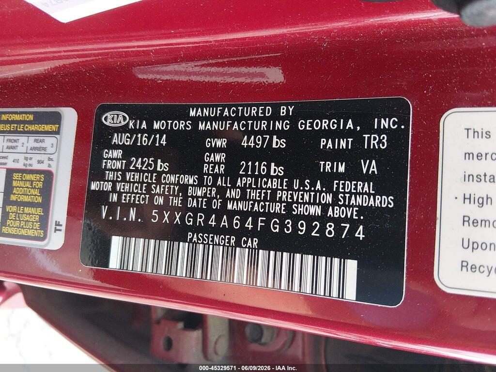 5XXGR4A64FG392874 2015 KIA OPTIMA photo no. 9