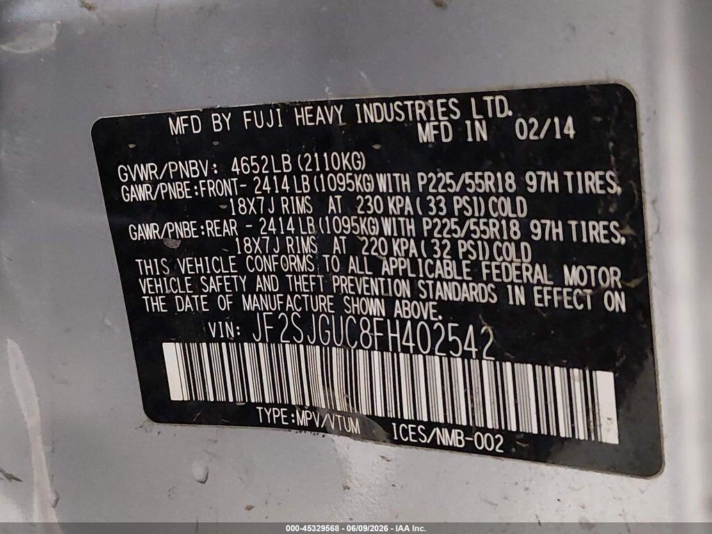 JF2SJGUC8FH402542 2015 SUBARU FORESTER photo no. 9