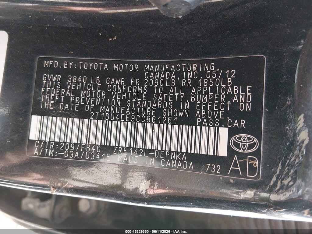 2T1BU4EE9CC861261 2012 TOYOTA COROLLA photo no. 9