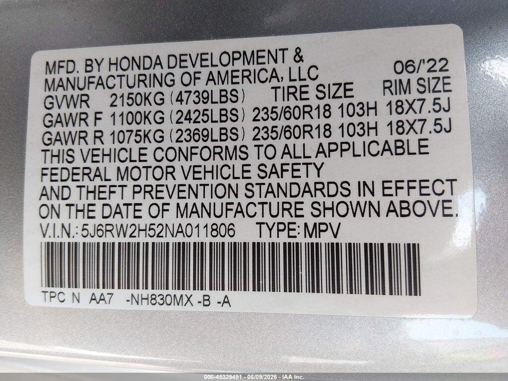 5J6RW2H52NA011806 2022 HONDA CR-V photo no. 9