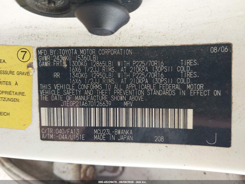 JTEGP21A670126639 2007 TOYOTA HIGHLANDER photo no. 9