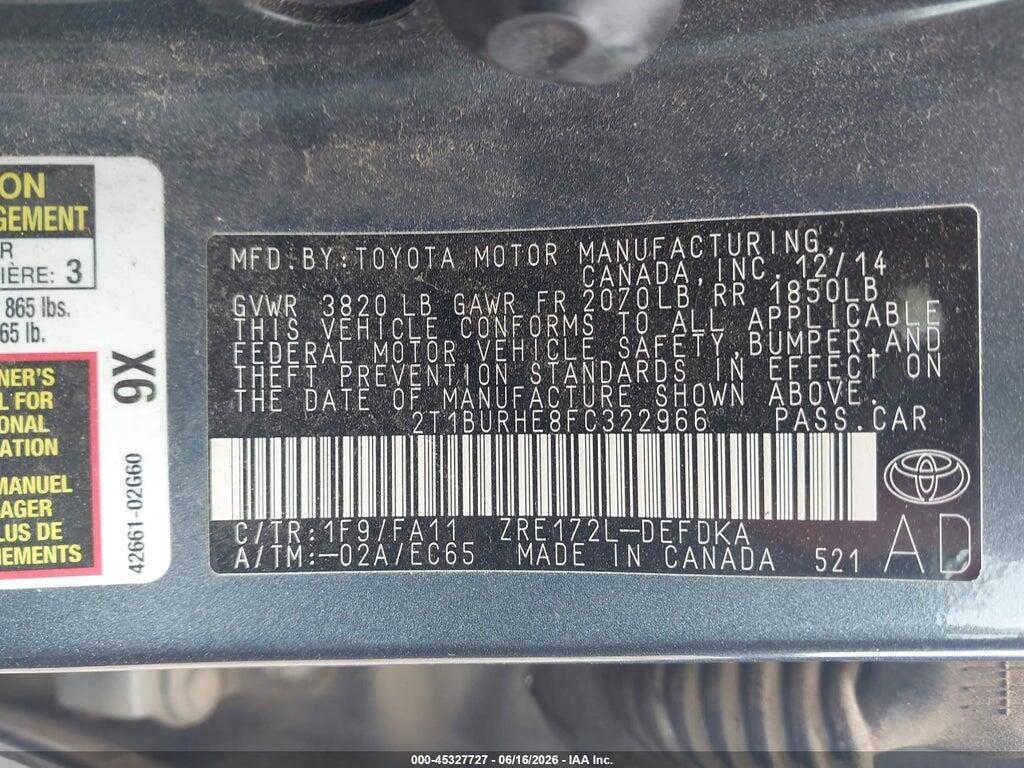 2T1BURHE8FC322966 2015 TOYOTA COROLLA photo no. 9