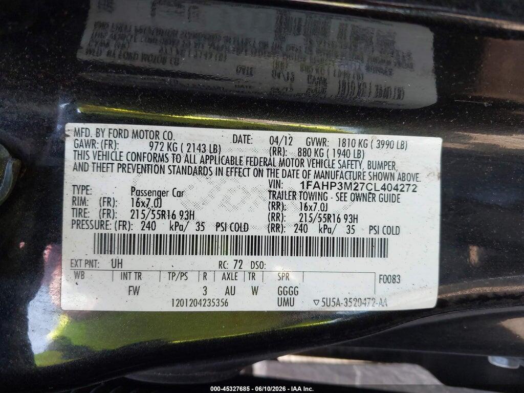 1FAHP3M27CL404272 2012 FORD FOCUS photo no. 9