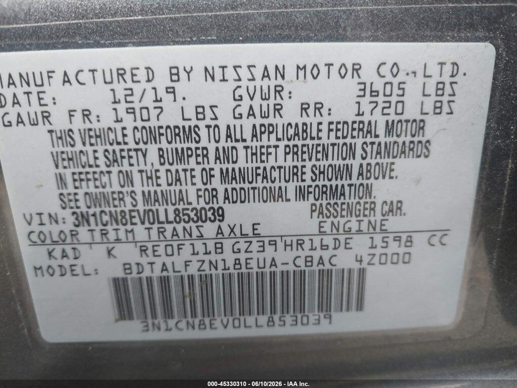 3N1CN8EV0LL853039 2020 NISSAN VERSA photo no. 9