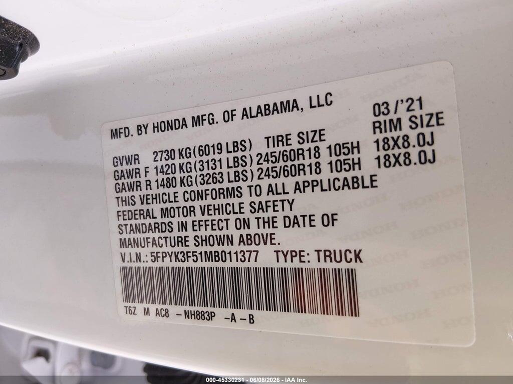 5FPYK3F51MB011377 2021 HONDA RIDGELINE photo no. 9