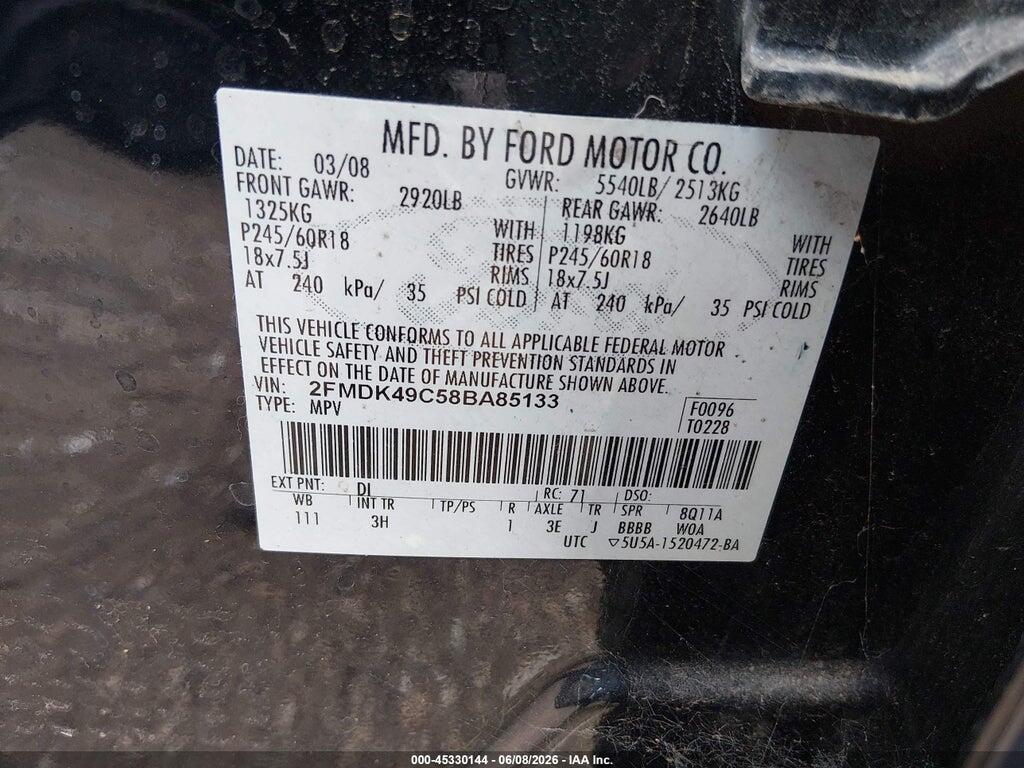 2FMDK49C58BA85133 2008 FORD EDGE photo no. 9