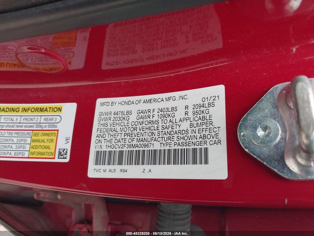 1HGCV2F36MA009671 2021 HONDA ACCORD photo no. 9