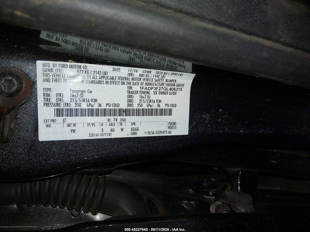 1FADP3F27GL406315 2016 FORD FOCUS photo no. 9