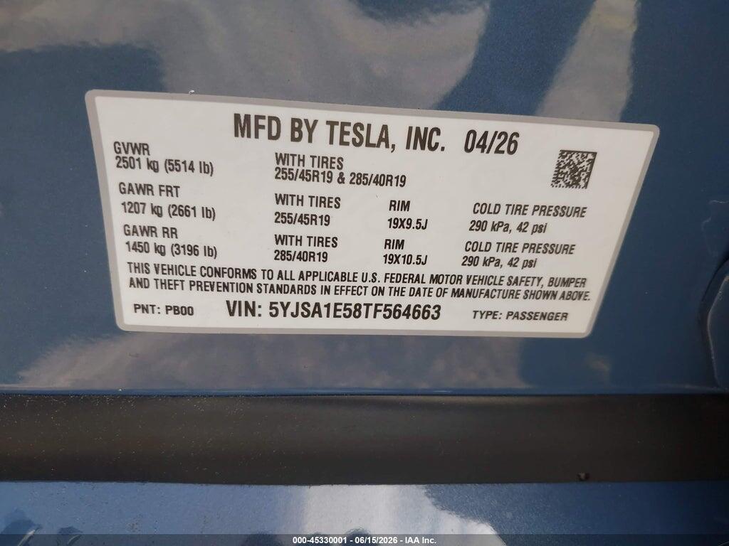 5YJSA1E58TF564663 2026 TESLA MODEL S photo no. 9