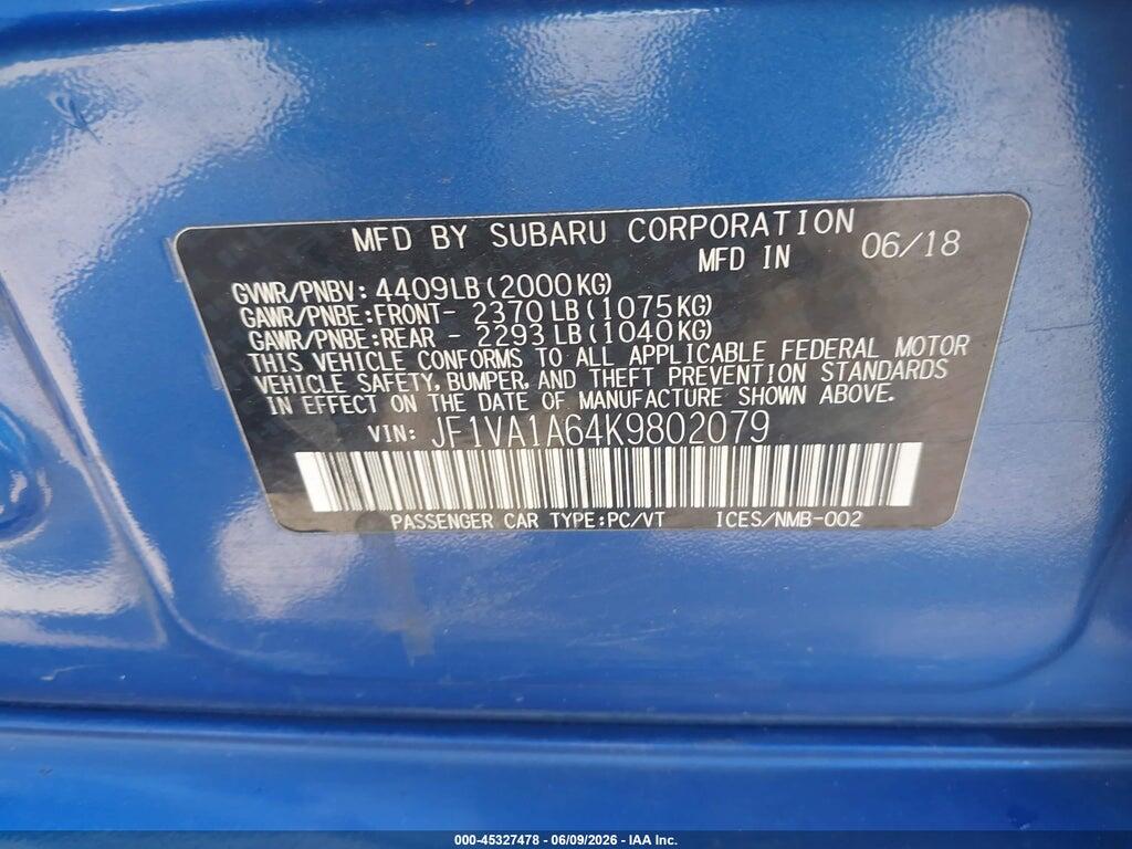 JF1VA1A64K9802079 2019 SUBARU WRX photo no. 9