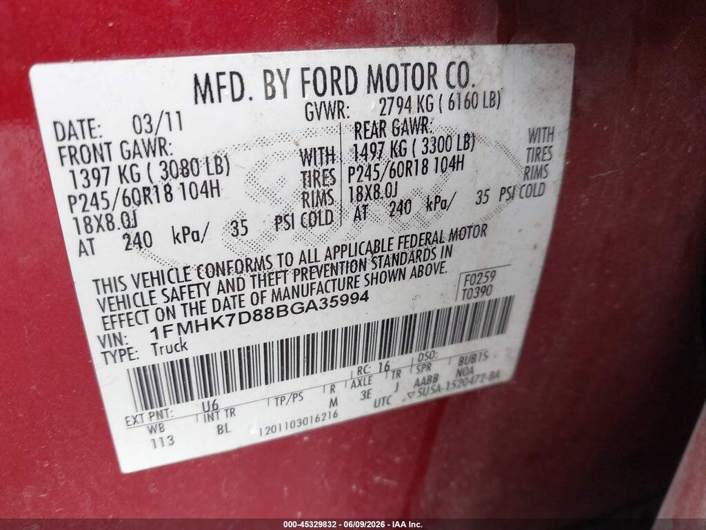 1FMHK7D88BGA35994 2011 FORD EXPLORER photo no. 9