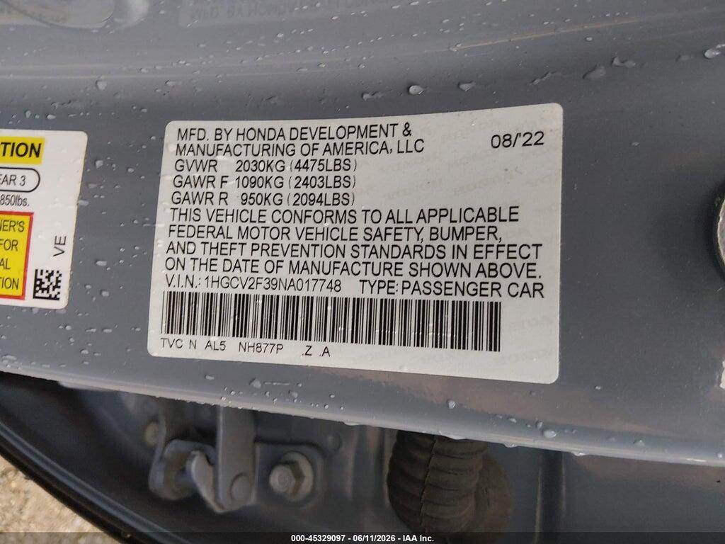 1HGCV2F39NA017748 2022 HONDA ACCORD photo no. 9