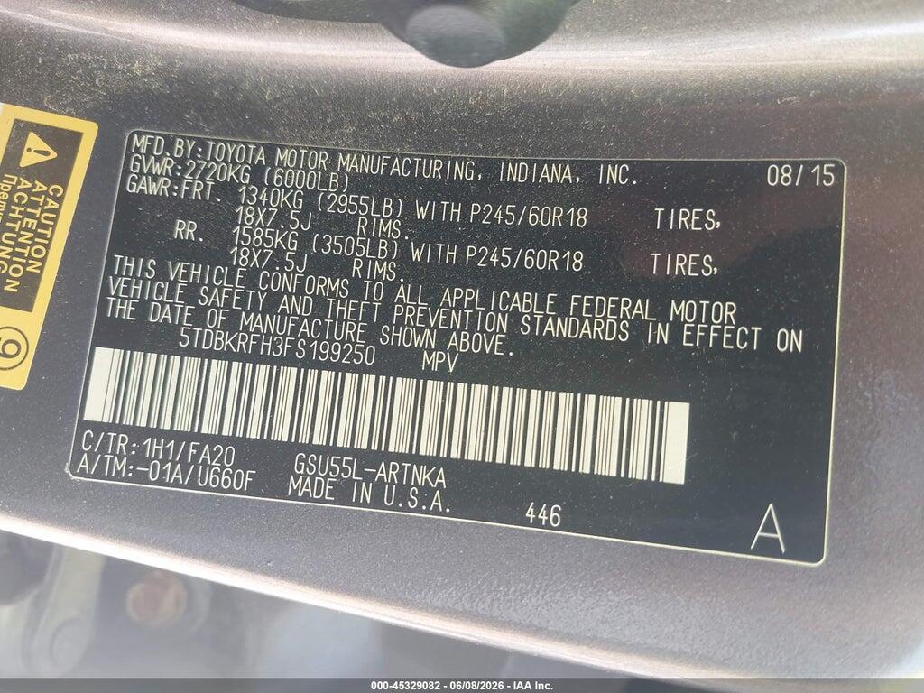 5TDBKRFH3FS199250 2015 TOYOTA HIGHLANDER photo no. 9