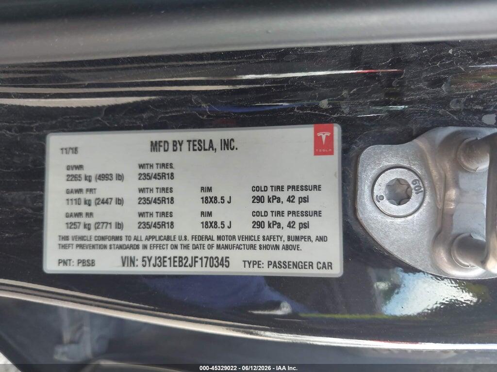 5YJ3E1EB2JF170345 2018 TESLA MODEL 3 photo no. 9