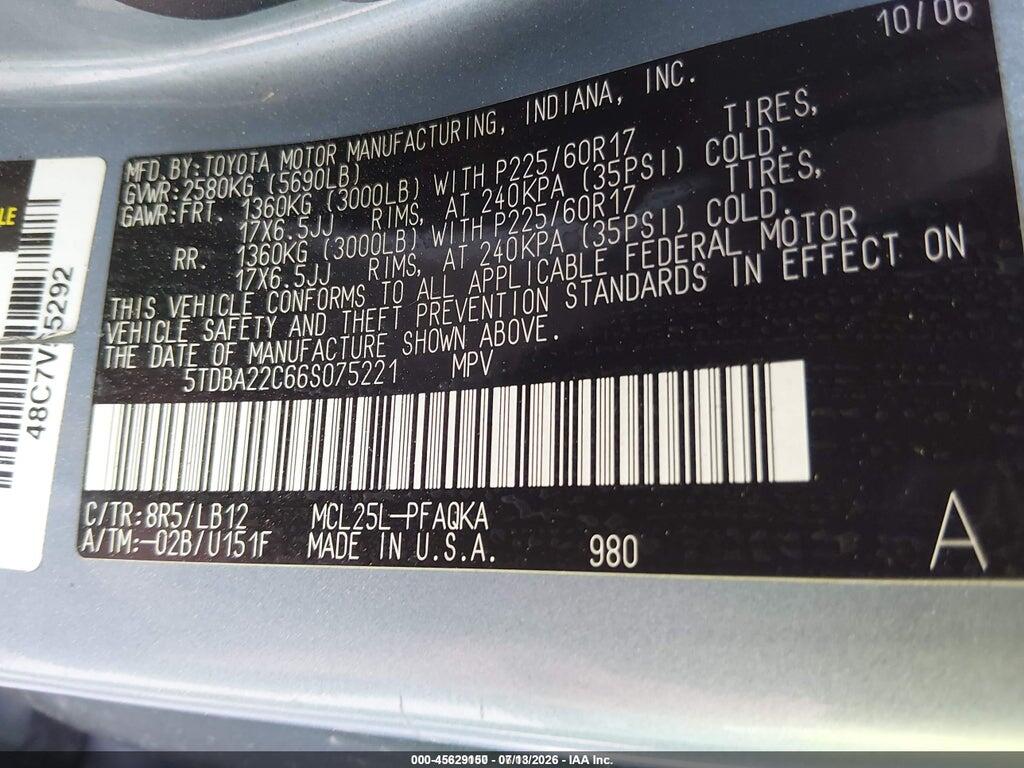5TDBA22C66S075221 2006 TOYOTA SIENNA photo no. 9