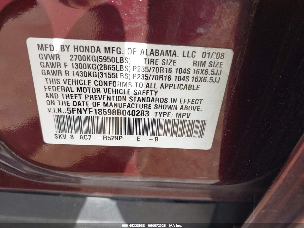 5FNYF18698B040283 2008 HONDA PILOT photo no. 9