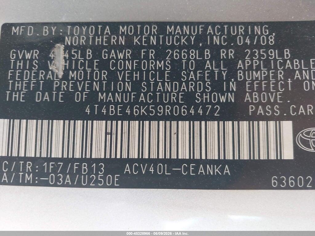 4T4BE46K59R064472 2009 TOYOTA CAMRY photo no. 9