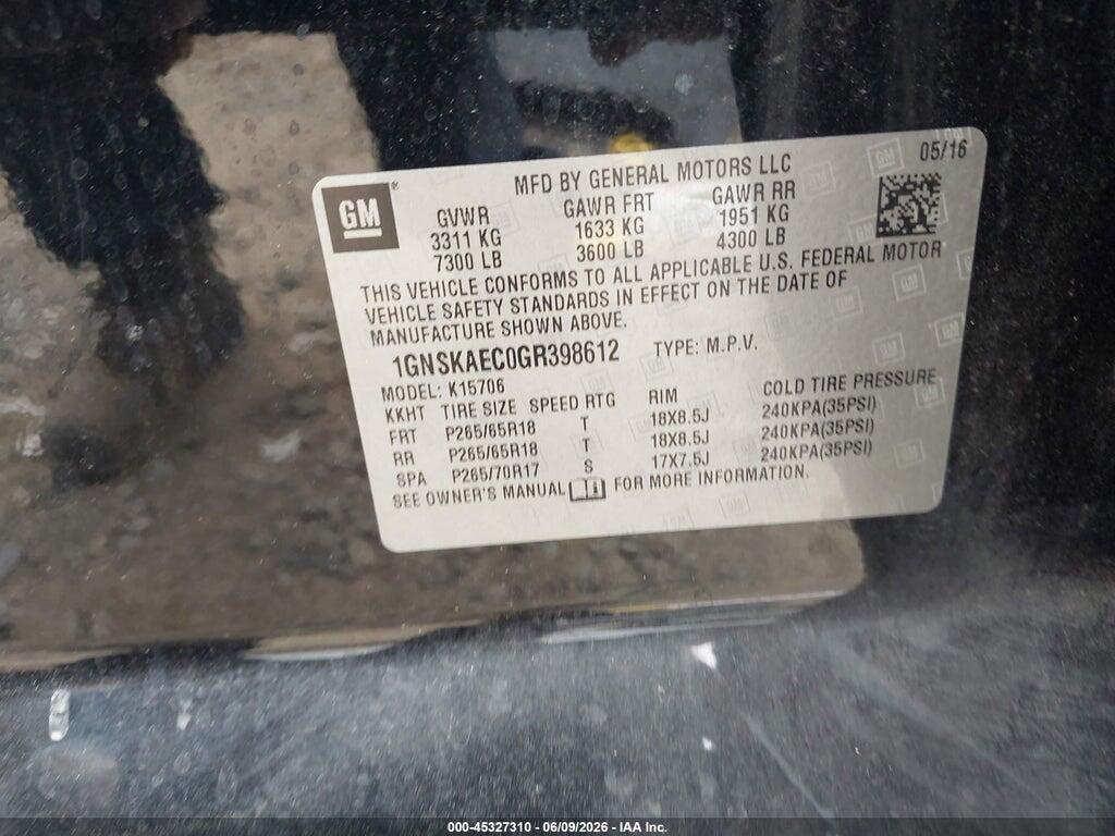 1GNSKAEC0GR398612 2016 CHEVROLET TAHOE photo no. 9