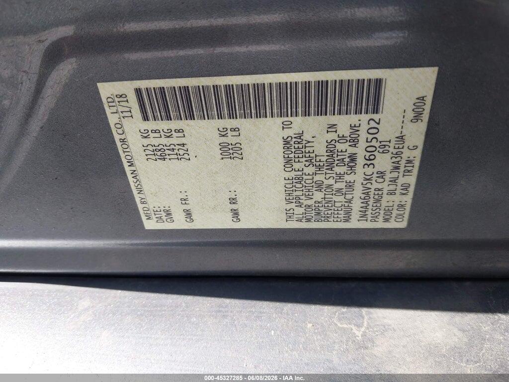 1N4AA6AV5KC360502 2019 NISSAN MAXIMA photo no. 9