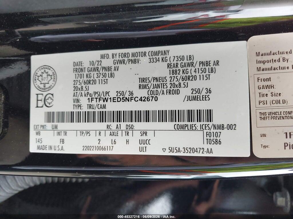 1FTFW1ED5NFC42670 2022 FORD F-150 photo no. 9