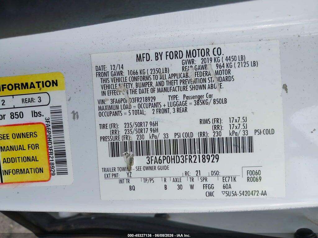 3FA6P0HD3FR218929 2015 FORD FUSION photo no. 9