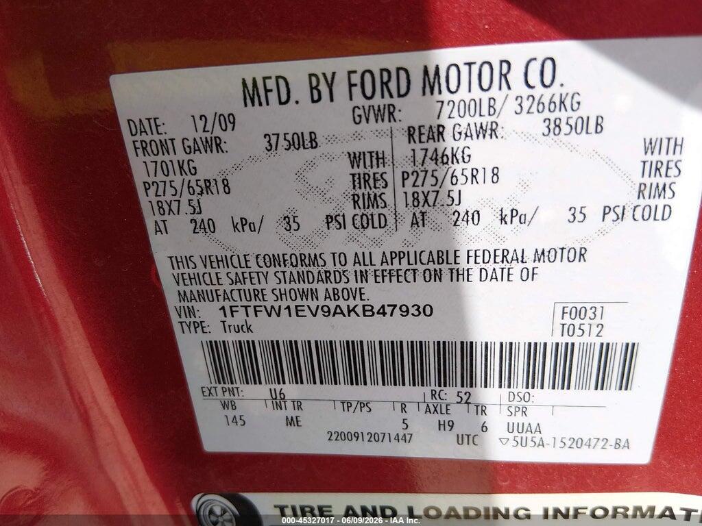 1FTFW1EV9AKB47930 2010 FORD F-150 photo no. 9