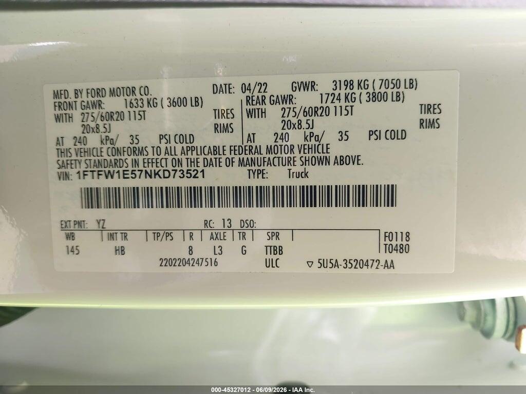 1FTFW1E57NKD73521 2022 FORD F-150 photo no. 9