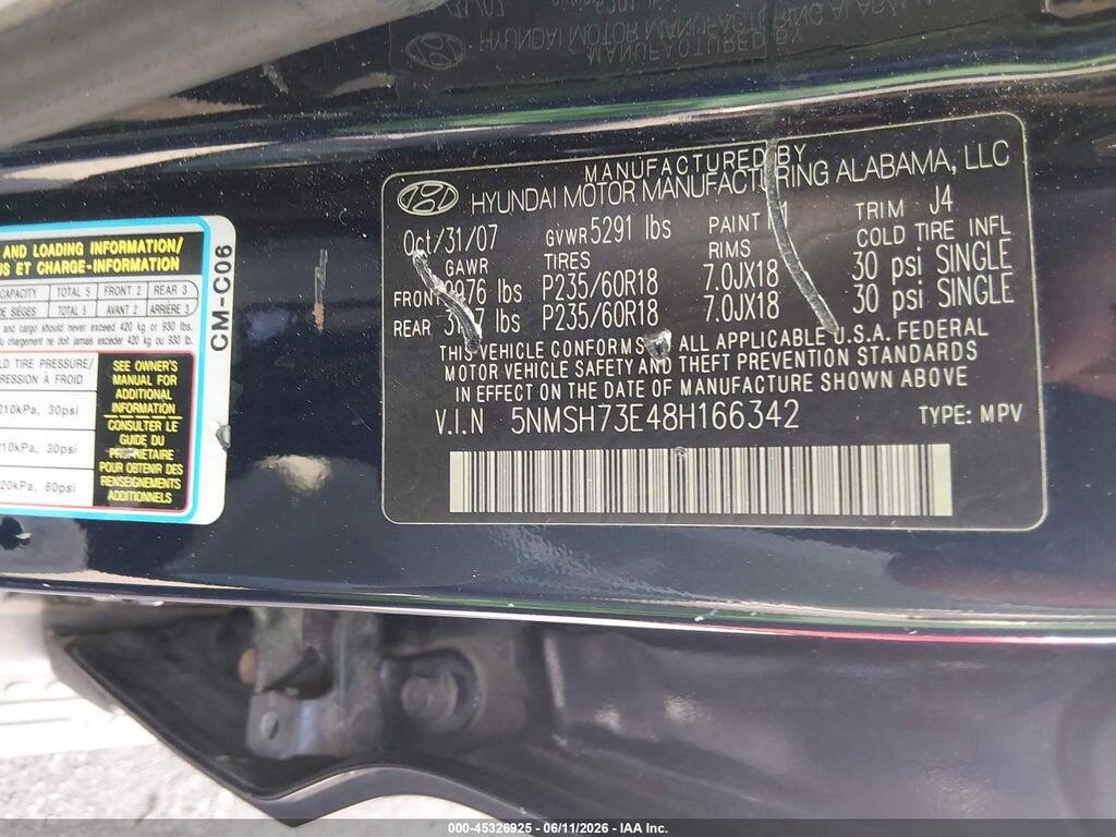 5NMSH73E48H166342 2008 HYUNDAI SANTA FE photo no. 9