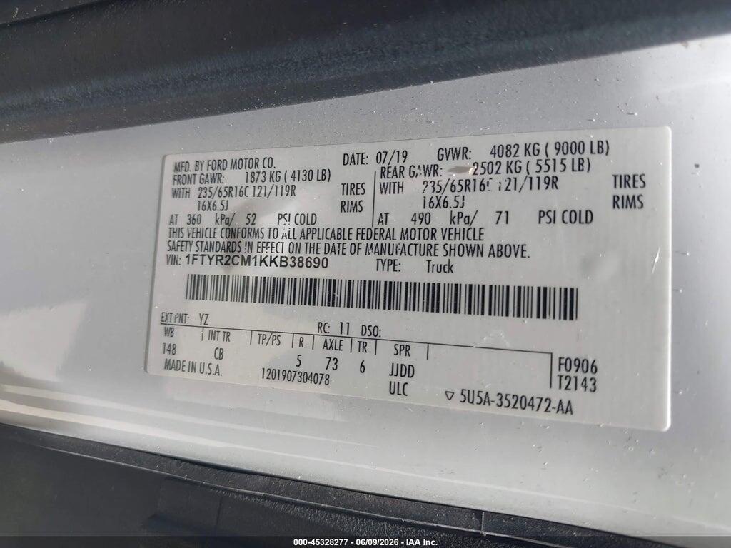1FTYR2CM1KKB38690 2019 FORD TRANSIT-250 photo no. 9
