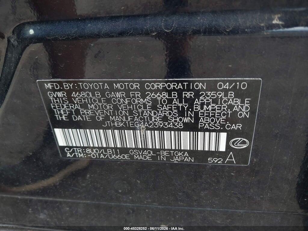 JTHBK1EG4A2393438 2010 LEXUS ES 350 photo no. 9
