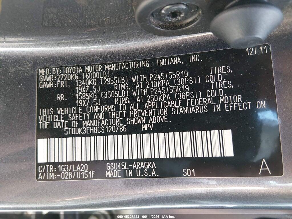 5TDDK3EH8CS120786 2012 TOYOTA HIGHLANDER photo no. 9