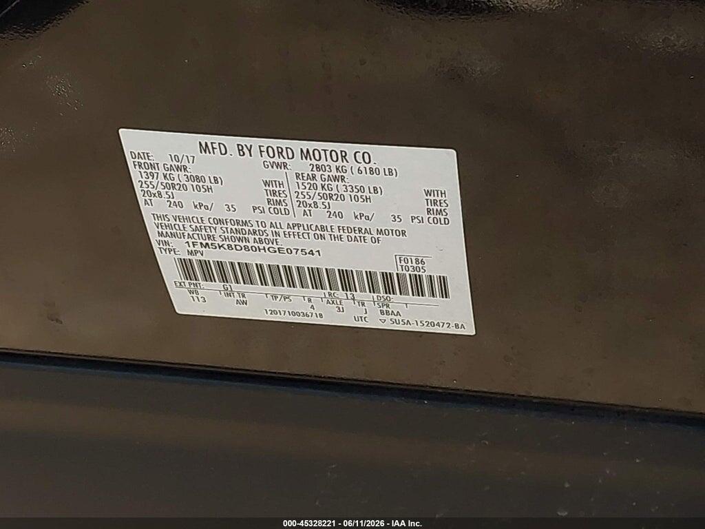 1FM5K8D80HGE07541 2017 FORD EXPLORER photo no. 9