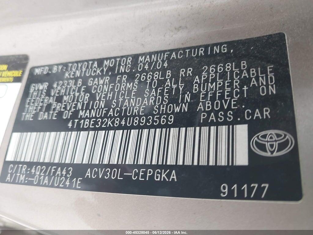 4T1BE32K84U893569 2004 TOYOTA CAMRY photo no. 9