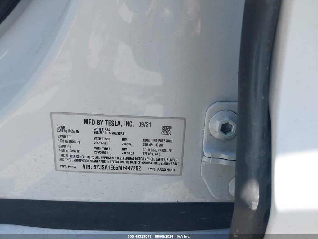 5YJSA1E65MF447262 2021 TESLA MODEL S photo no. 9