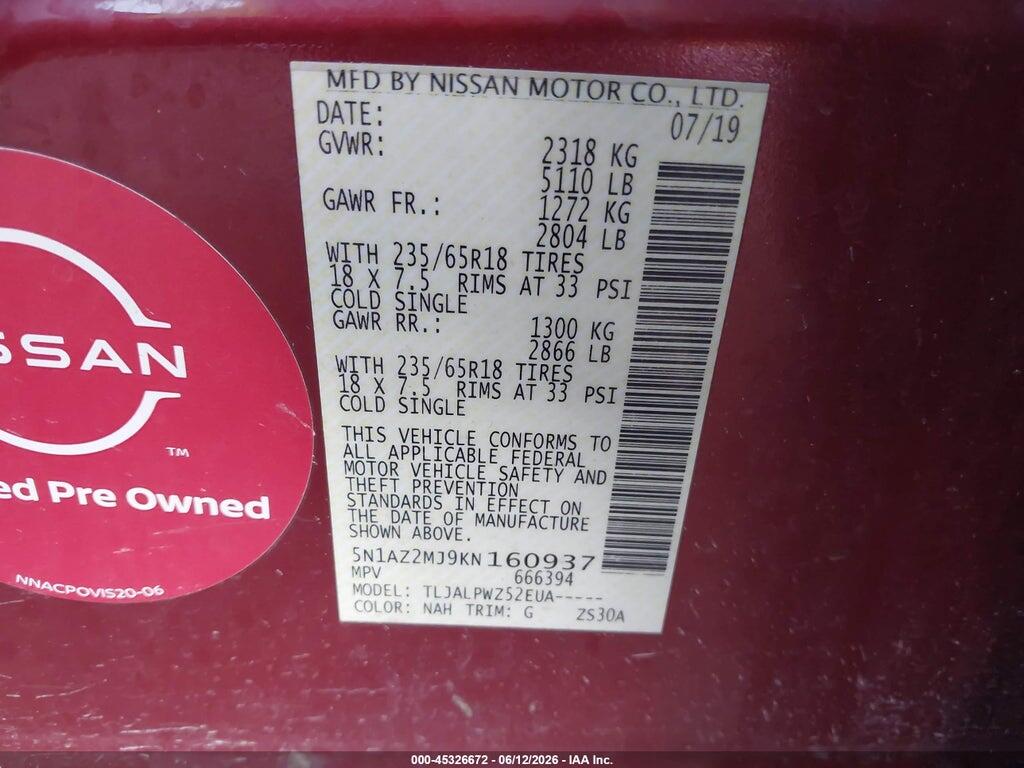 5N1AZ2MJ9KN160937 2019 NISSAN MURANO photo no. 9