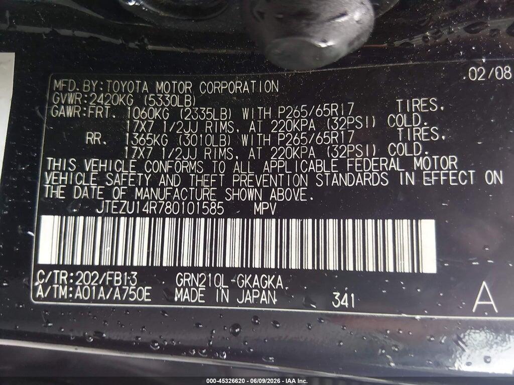 JTEZU14R780101585 2008 TOYOTA 4RUNNER photo no. 9
