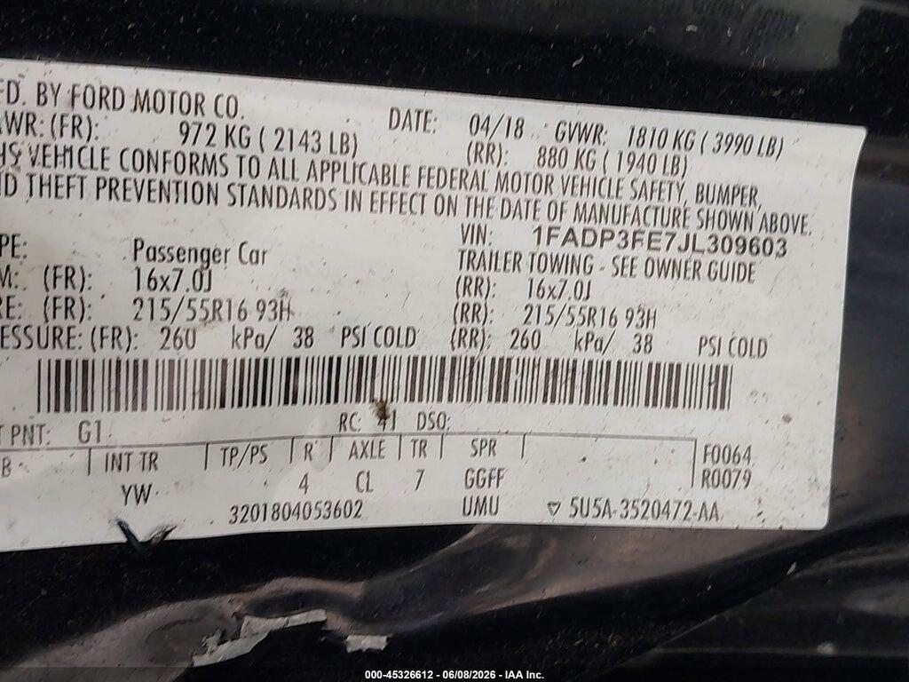 1FADP3FE7JL309603 2018 FORD FOCUS photo no. 9
