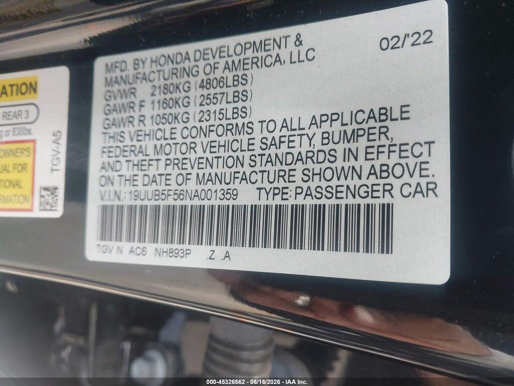 19UUB5F56NA001359 2022 ACURA TLX photo no. 9