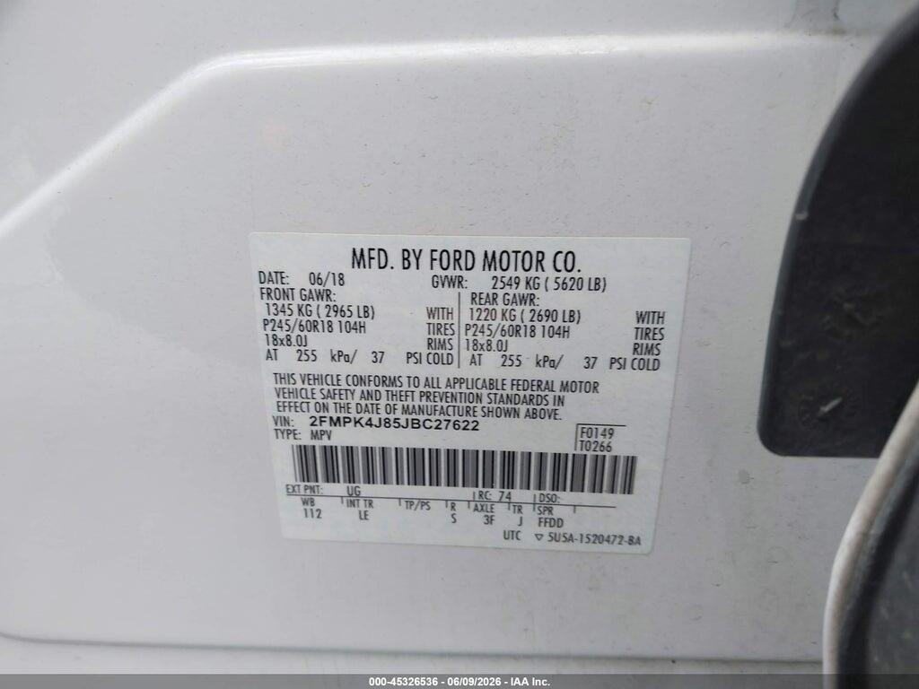 2FMPK4J85JBC27622 2018 FORD EDGE photo no. 9