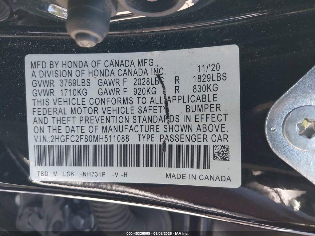 2HGFC2F80MH511088 2021 HONDA CIVIC photo no. 9