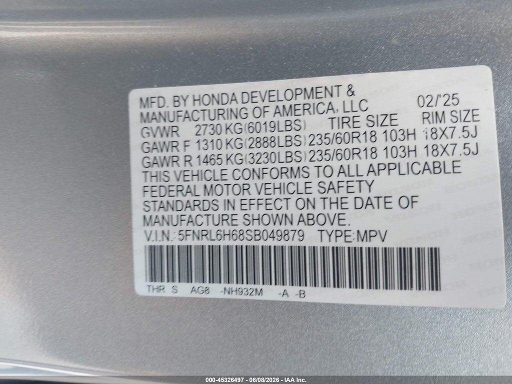 5FNRL6H68SB049879 2025 HONDA ODYSSEY photo no. 9