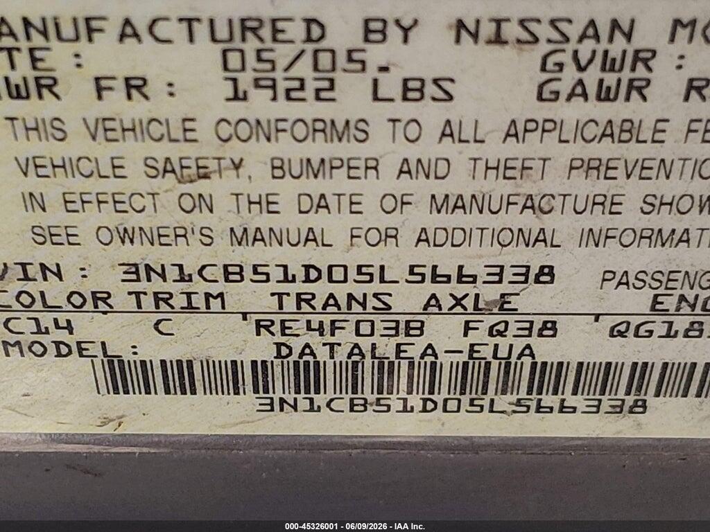 3N1CB51D05L566338 2005 NISSAN SENTRA photo no. 9