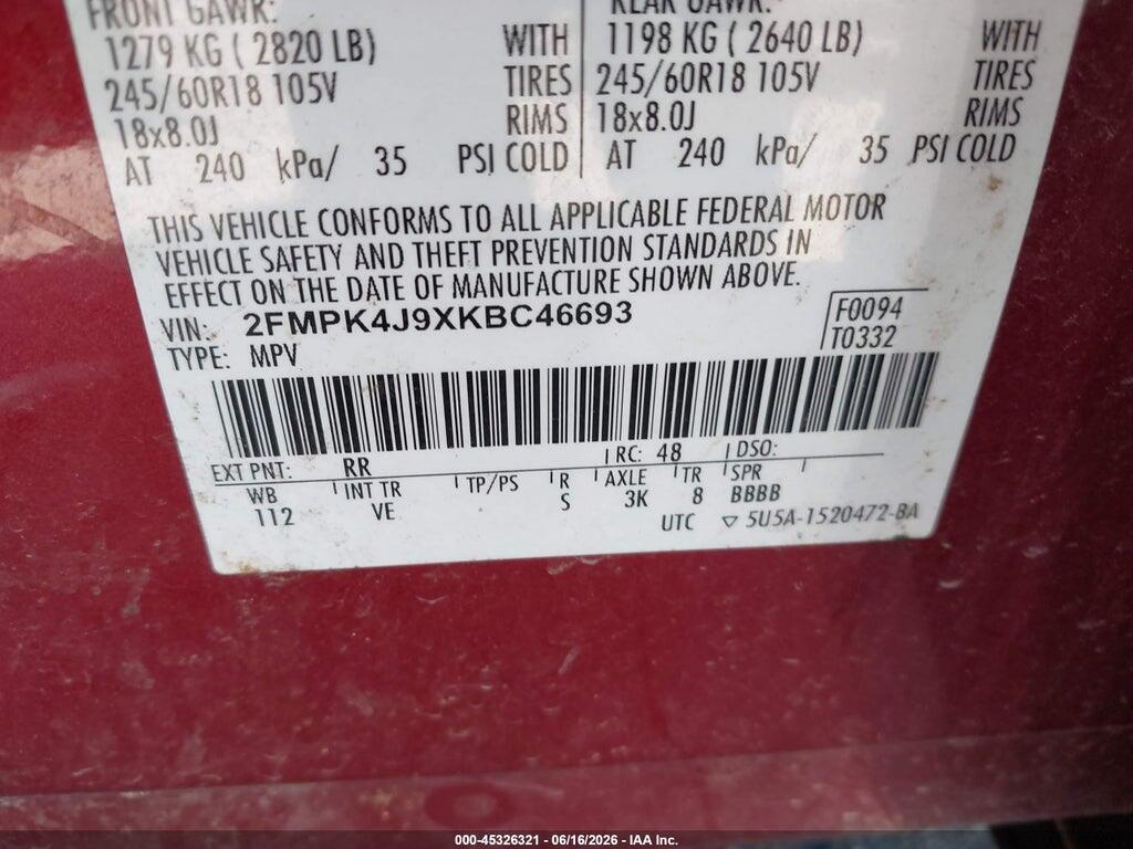 2FMPK4J9XKBC46693 2019 FORD EDGE photo no. 9