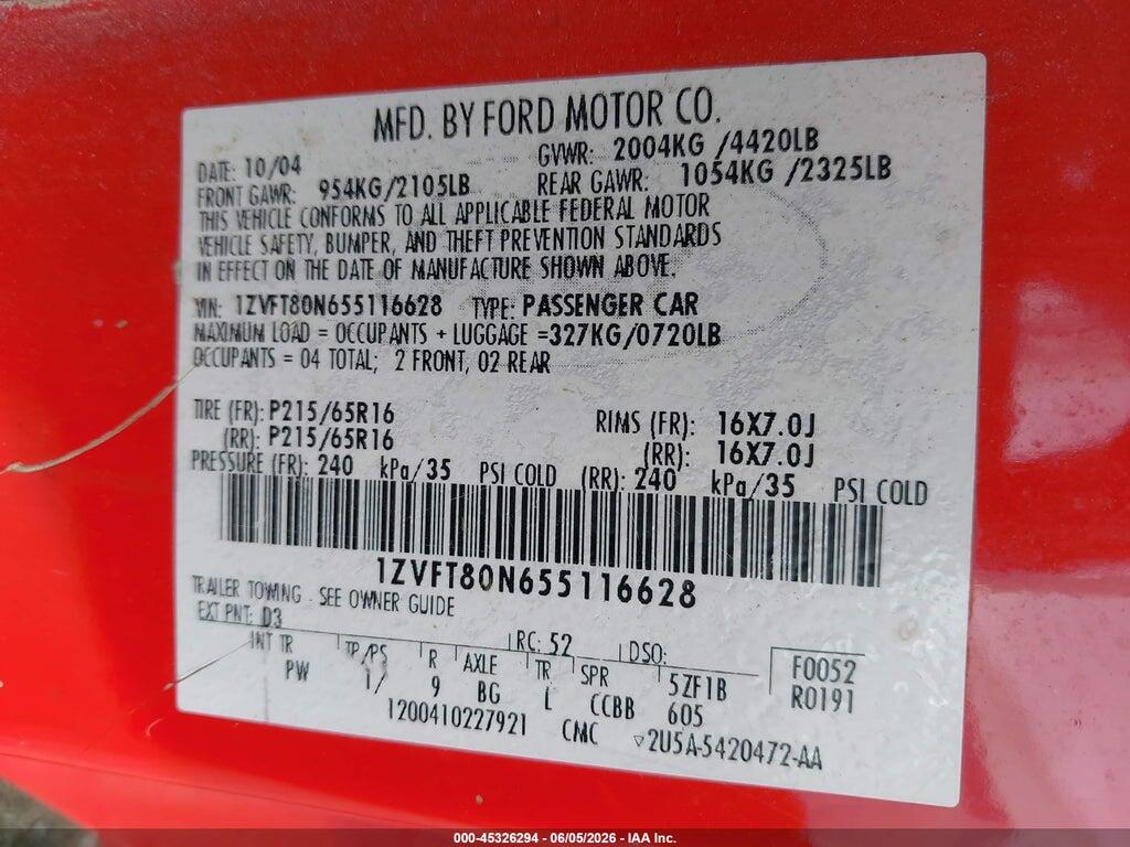 1ZVFT80N655116628 2005 FORD MUSTANG photo no. 9