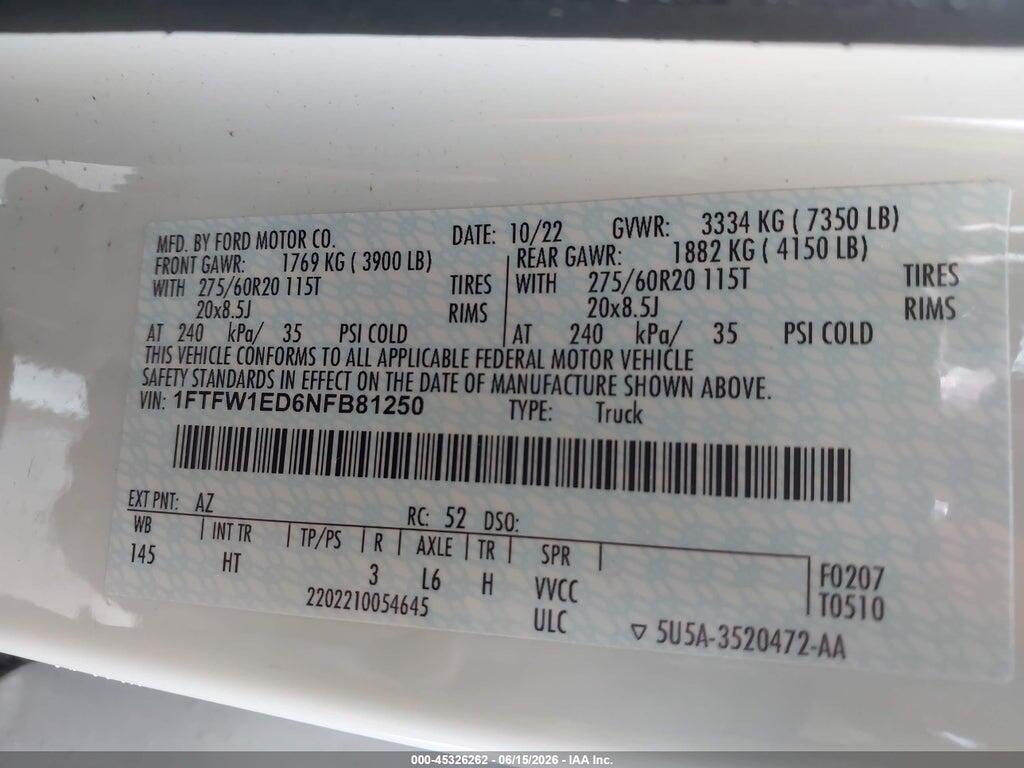 1FTFW1ED6NFB81250 2022 FORD F-150 photo no. 9